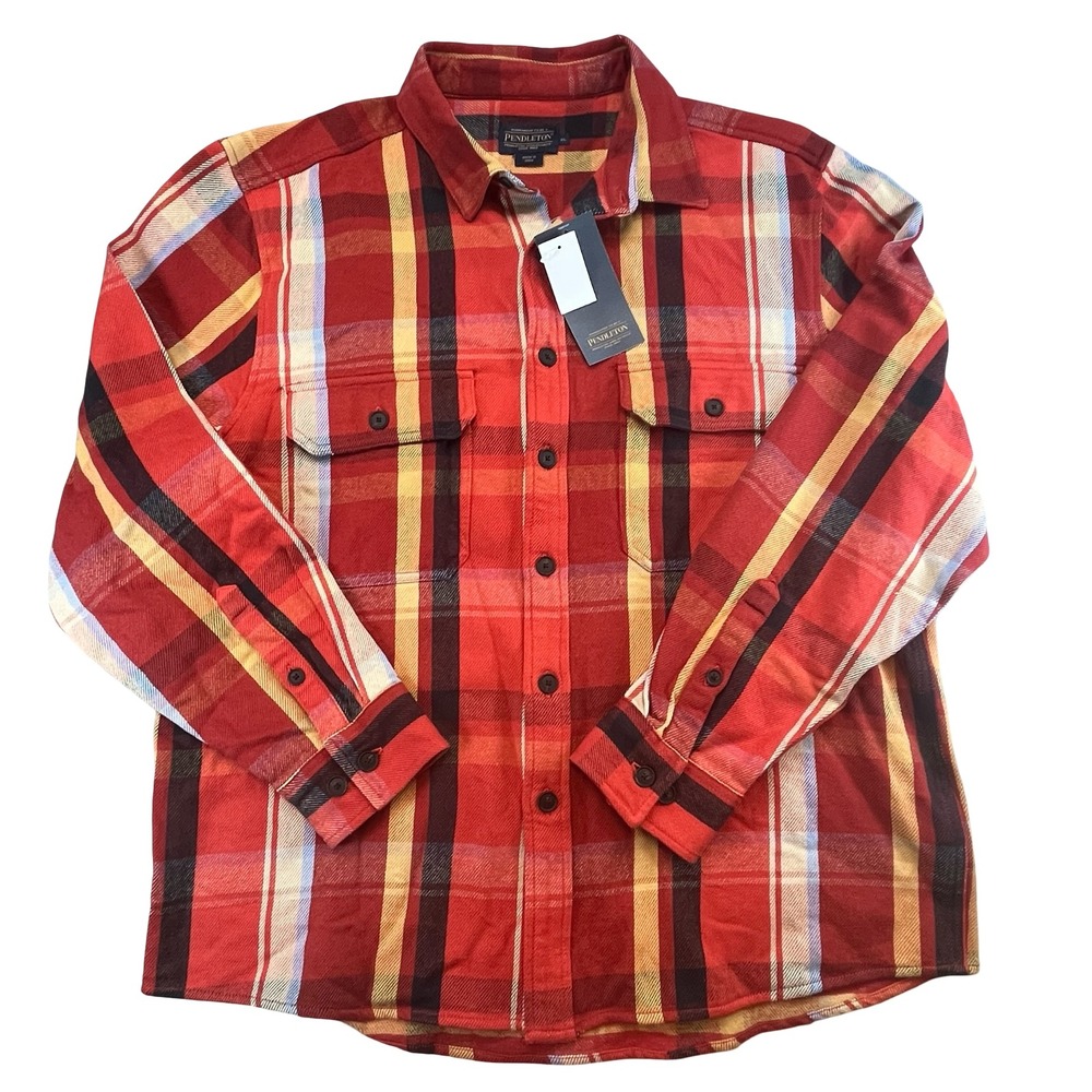Pendleton NWT Mens Flannel Shirt Orange Red Plaid Button Down Classic Rugged XL